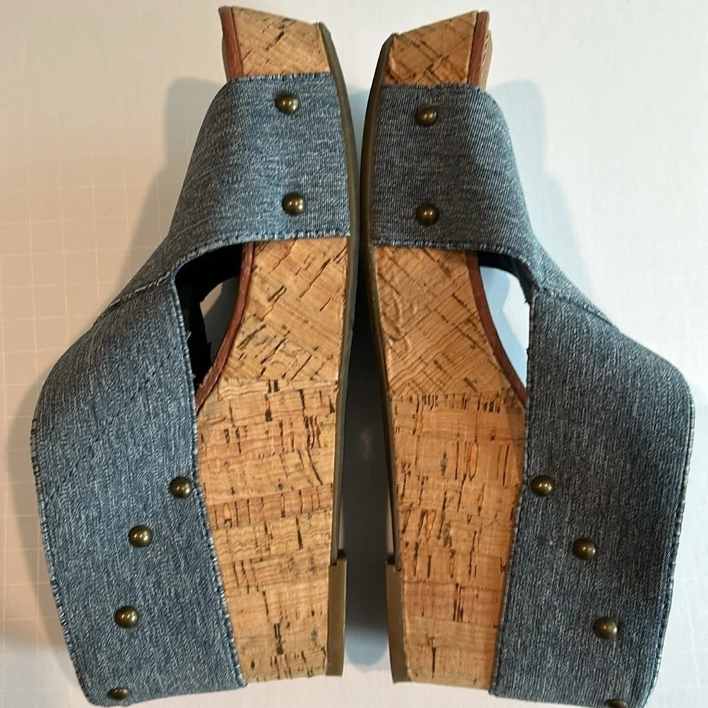 Crown Vintage Cork Wedge Blue Denim Stretch Studded Sandal Size 6.5
